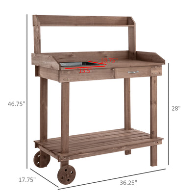 36'' Wooden Potting Bench Work Table with 2 Removable Wheels, Sink, Drawer & Large Storage Spaces