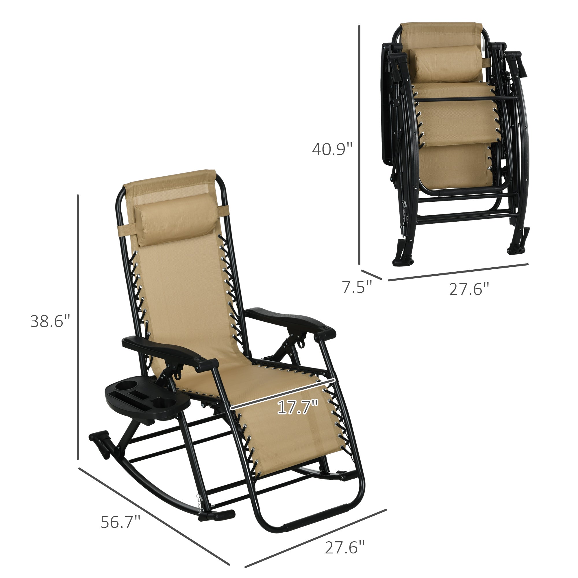 2 Outdoor Rocking Chairs Foldable Reclining Zero Gravity Lounge Rockers w/ Pillow Cup & Phone Holder