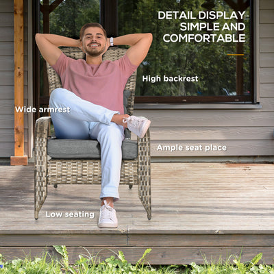 Patio Wicker Adirondack Chair, Outdoor All-Weather Rattan Fire Pit Chair w/ Soft Cushions, Tall Curved Backrest and Comfortable Armrests for Deck or Garden, Mixed Tan/Dark Gray