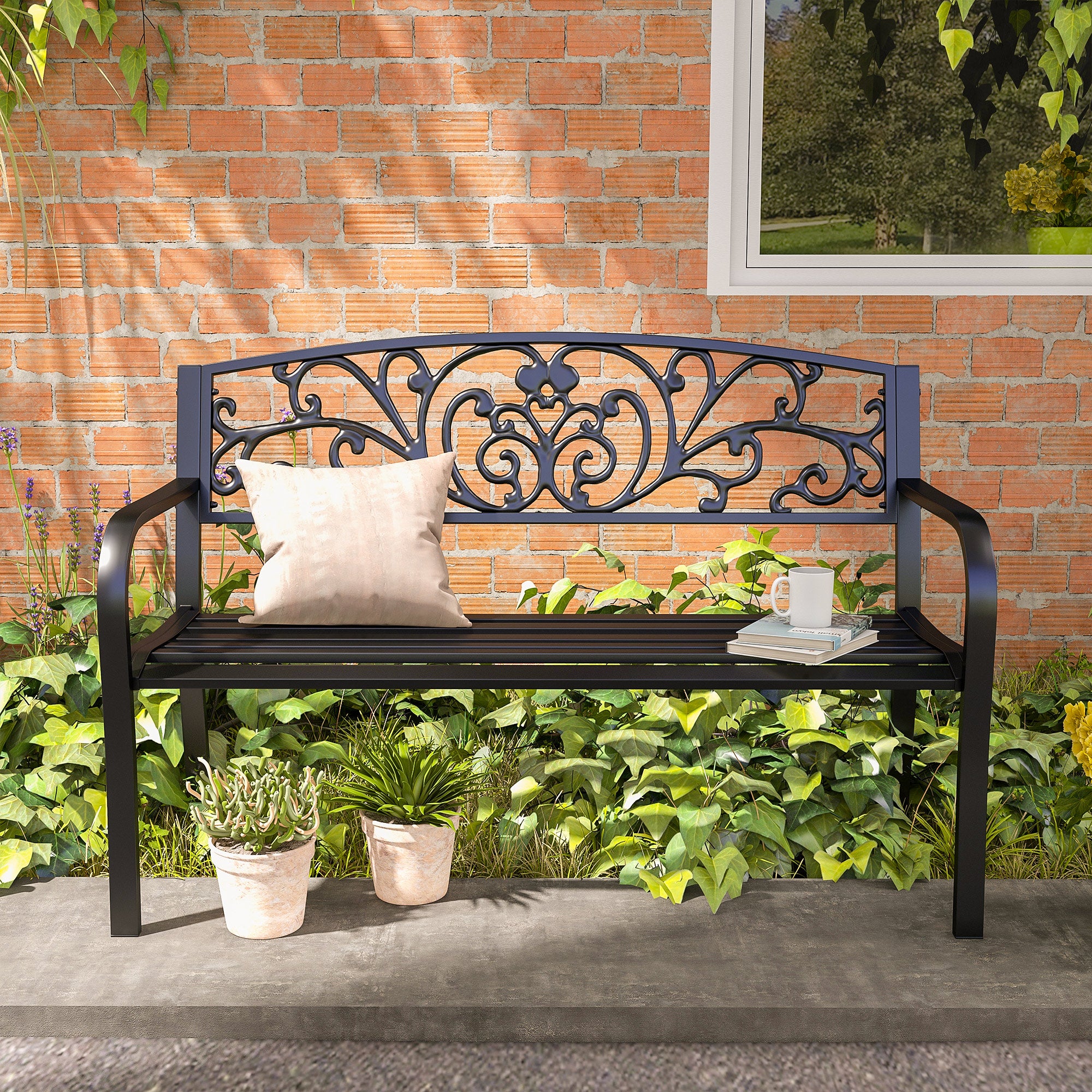 50" Outdoor Bench, Metal Garden Bench with Floral Pattern Backrest, Porch Bench with Slatted Seat for Park, Yard, Lawn, Black