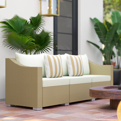 Rattan Wicker 3 Seater Patio Couch with Cushions, 2 Throw Pillows, Outdoor Furniture Rattan Sofa