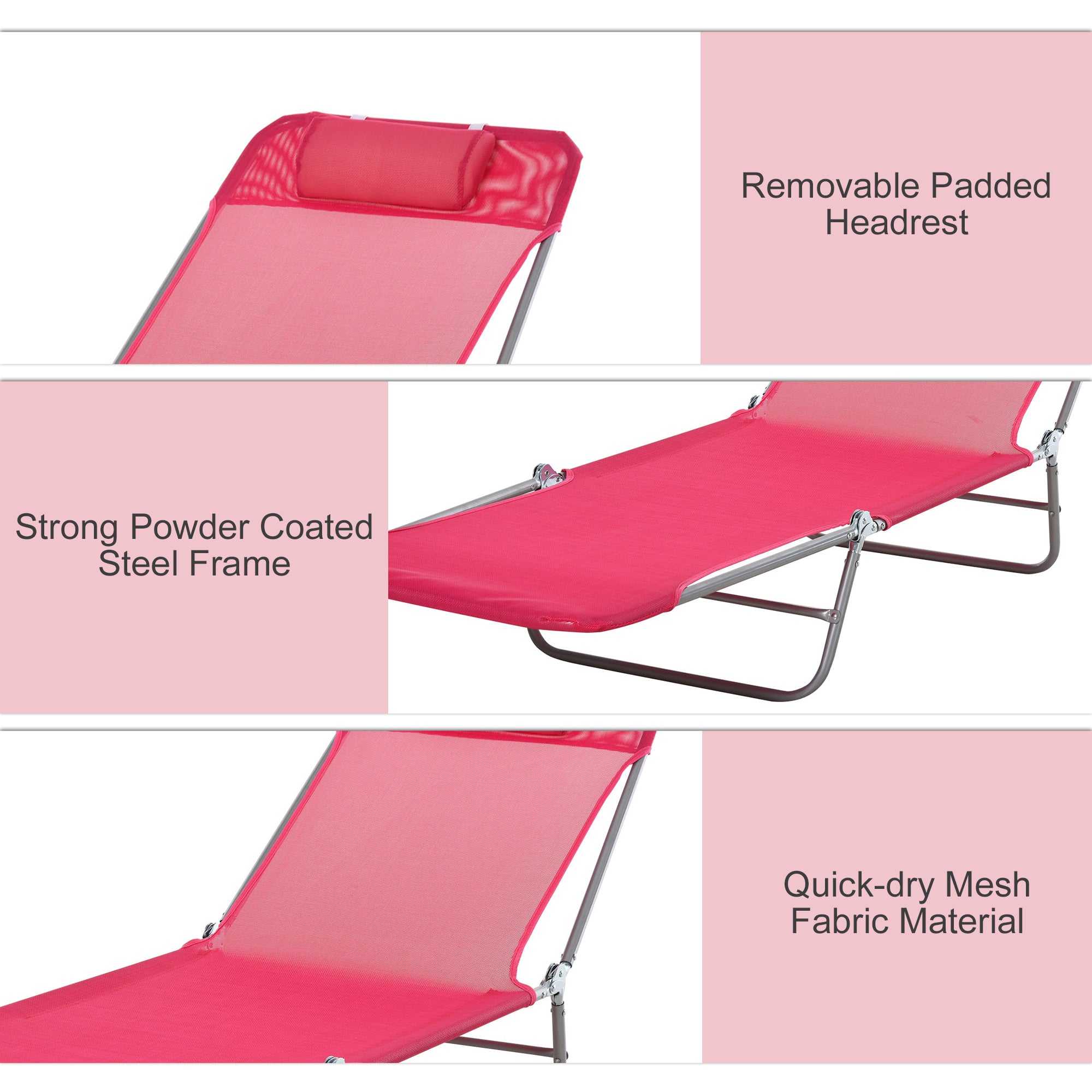Folding Chaise Lounge Chair, Pool Sun Tanning Chair, Outdoor Lounge Chair with Reclining Back, Breathable Mesh Seat, Headrest for Beach, Yard, Patio