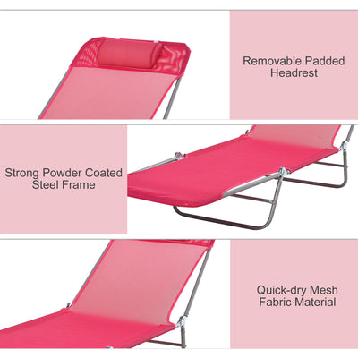 Folding Chaise Lounge Chair, Pool Sun Tanning Chair, Outdoor Lounge Chair with Reclining Back, Breathable Mesh Seat, Headrest for Beach, Yard, Patio