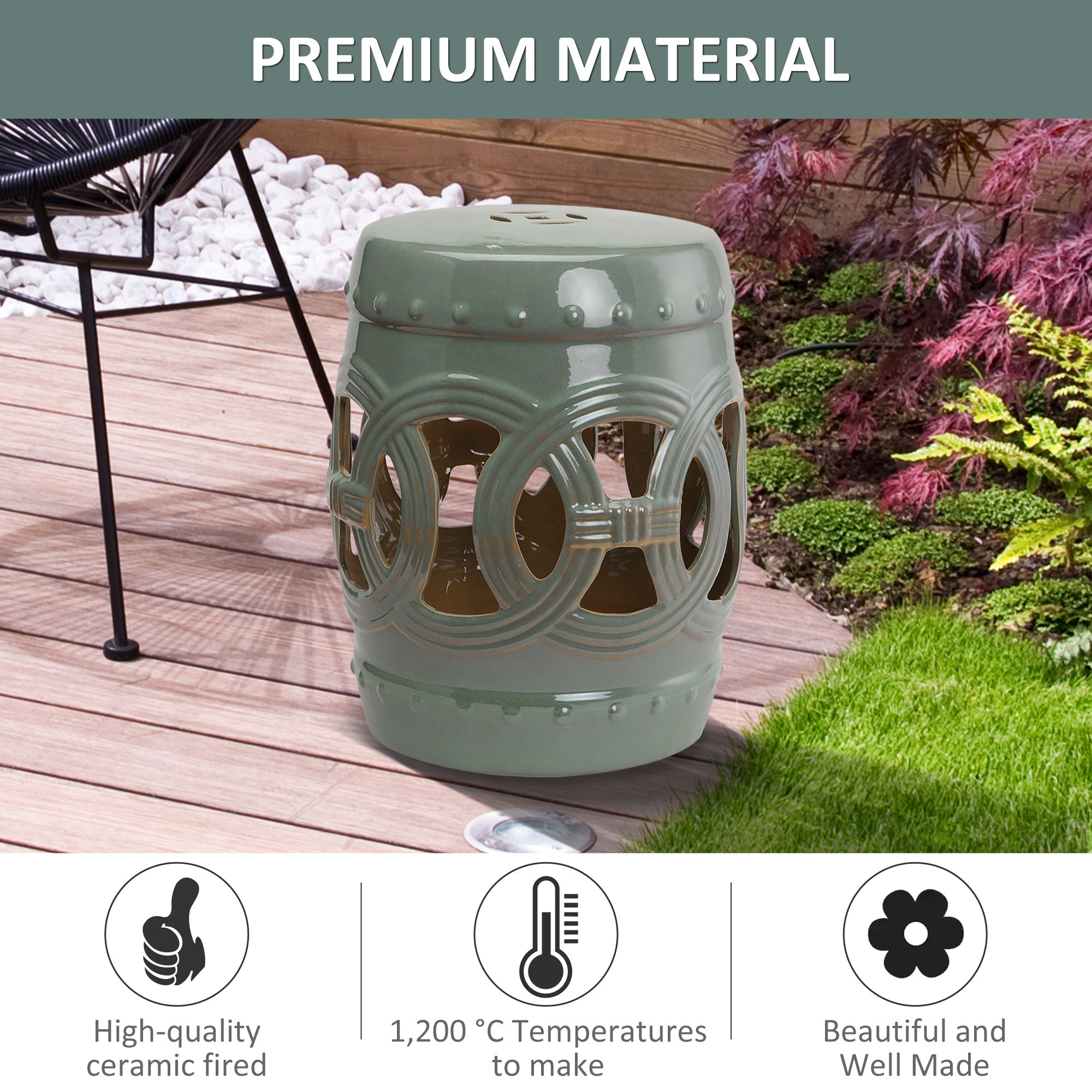 14" x 17" Ceramic Garden Stool with Double-Coin Knotted Ring Design & Strong Glazed Material, Decorative End Table, Home Collection