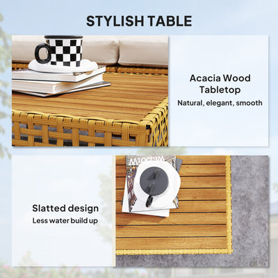 7 Piece Wicker Patio Furniture Set, Modular Outdoor Sectional with Thickened Cushions, Acacia Wood Table