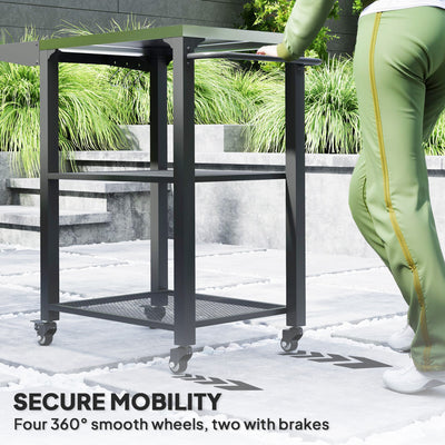 Three-Shelf Outdoor Grill Cart Table with Foldable Side Table, Stainless Steel Top Pizza Oven Stand with Hooks, Silver