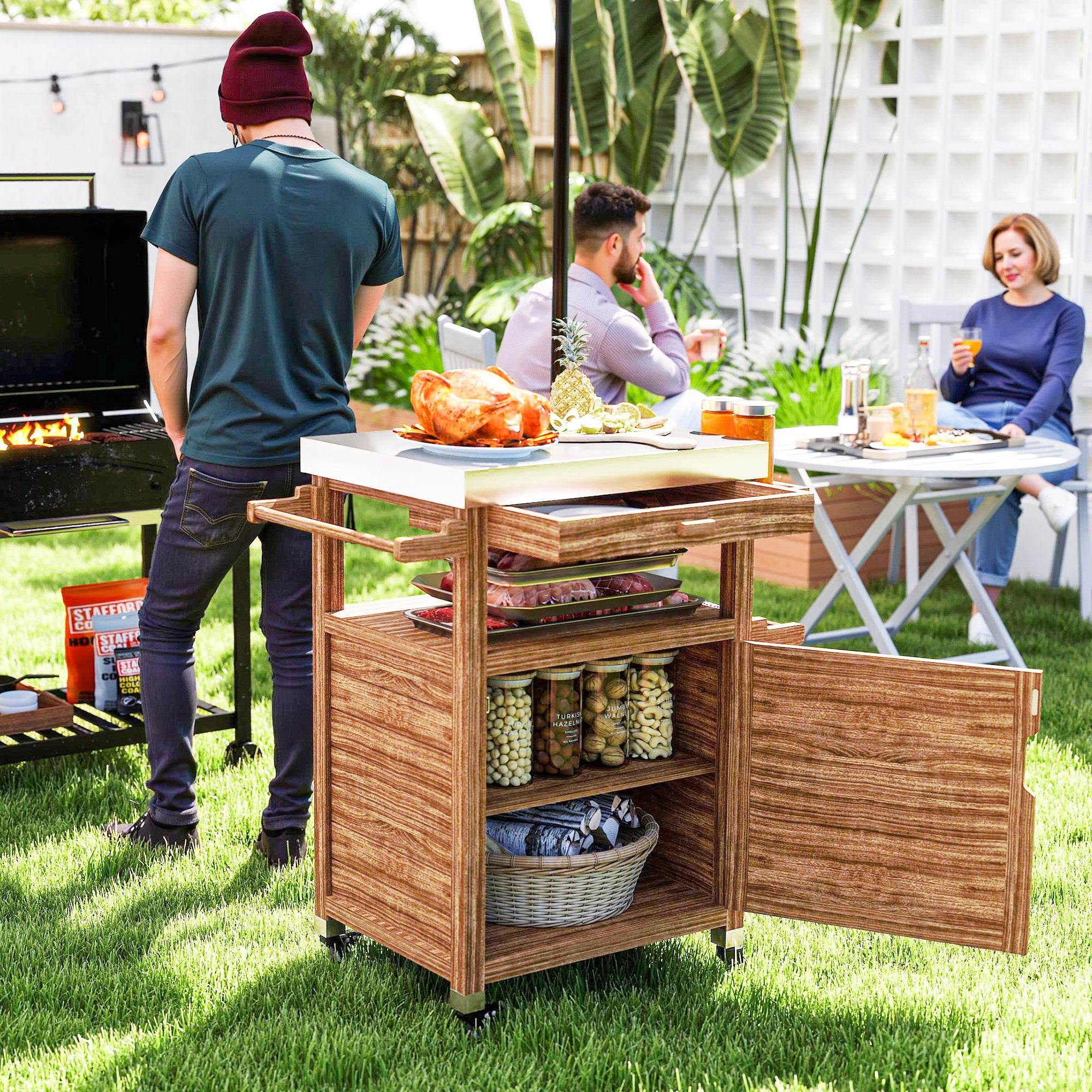 Outdoor Grill Cart with Stainless Steel Top, Solid Wood Outdoor Kitchen Island with Wheels, Drawer, Side Handle, Brown