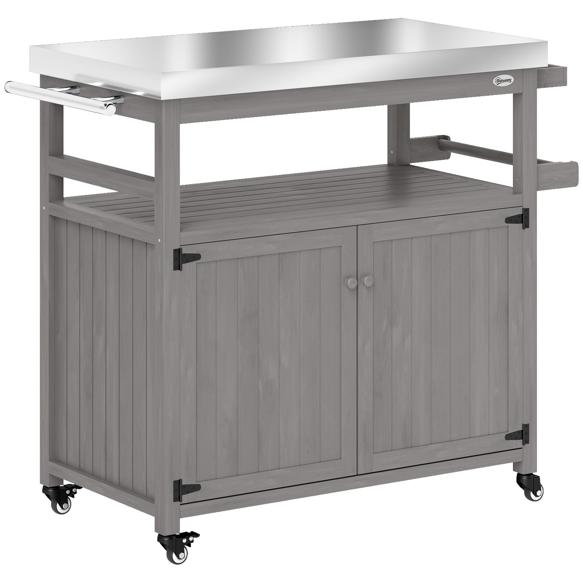 Outdoor Grill Cart w/ Stainless Steel Top, Solid Wood Outdoor Kitchen Island w/ Wheels, Storage Cabinets