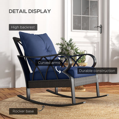 Outdoor Wicker Rocking Chair with Padded Cushions, Aluminum Furniture, Rattan Porch Rocker Chair w/ Armrest, Navy Blue