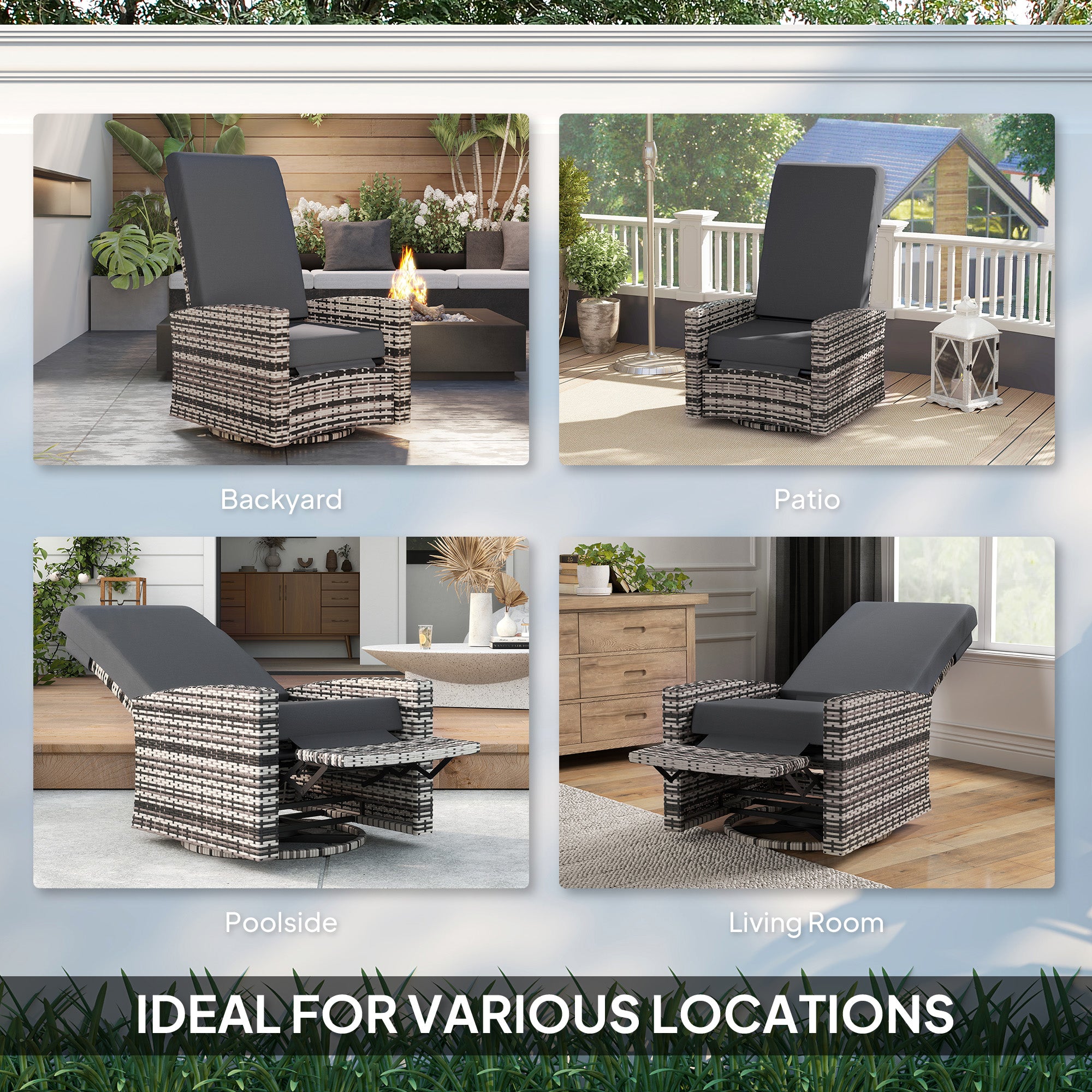 Outdoor Wicker Swivel Recliner Chair, Lifting Footrest, 360° Rotating Basic, Water-resistant Cushions, Dark