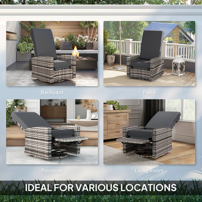 Outdoor Wicker Swivel Recliner Chair, Lifting Footrest, 360° Rotating Basic, Water-resistant Cushions, Dark