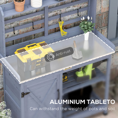 Wooden Potting Bench with Storage, Aluminum Tabletop for Backyard, Patio, Balcony