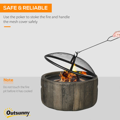 Outdoor Fire Pit, 18 Inch Metal Wood Burning Fireplace with Spark Cover, Poker, Woodgrain Design for Patio, Picnic, Backyard, Dark Brown