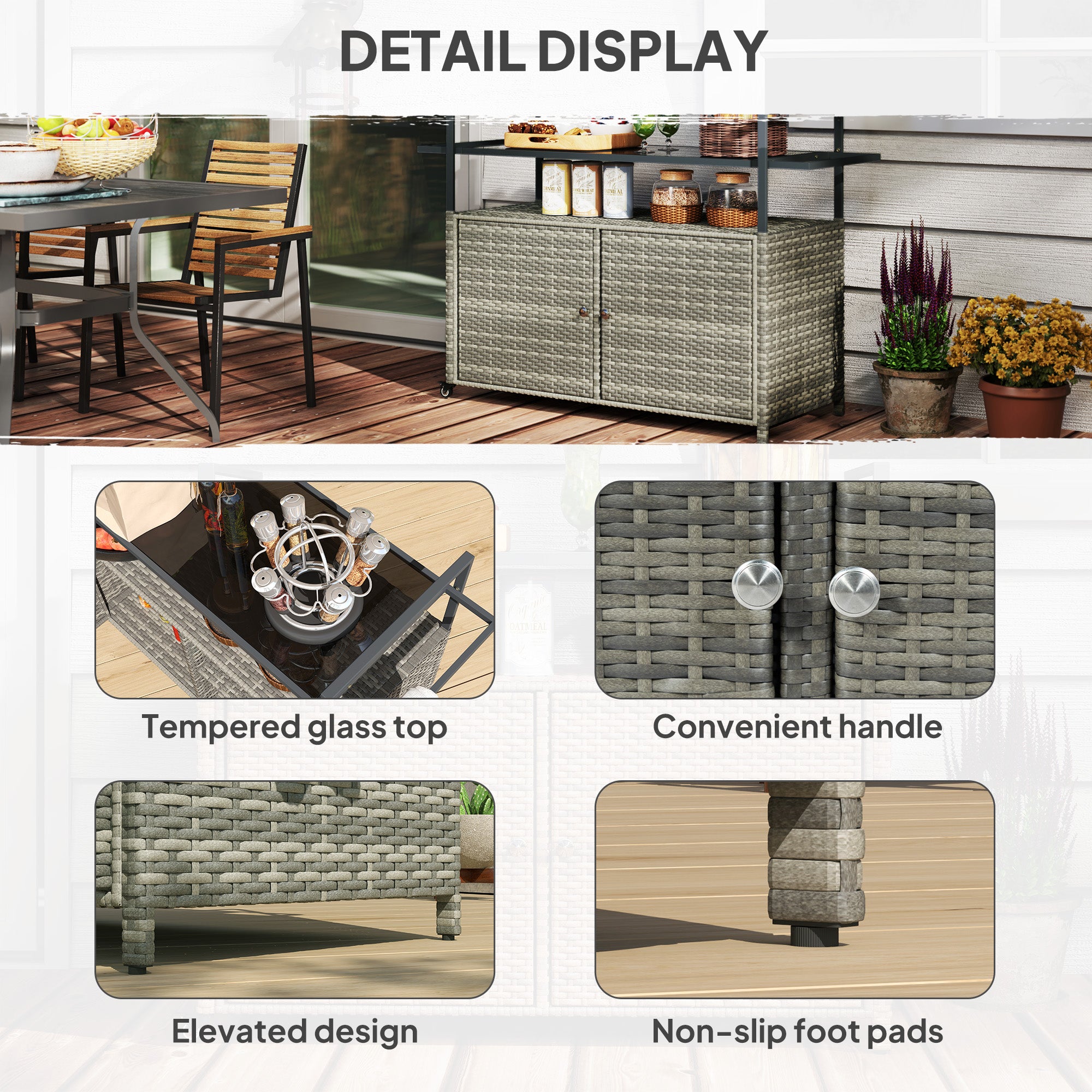 2-Tier Shelf PE Rattan Outdoor Bar Table, Glass Top Outdoor Serving Cart with Cabinet
