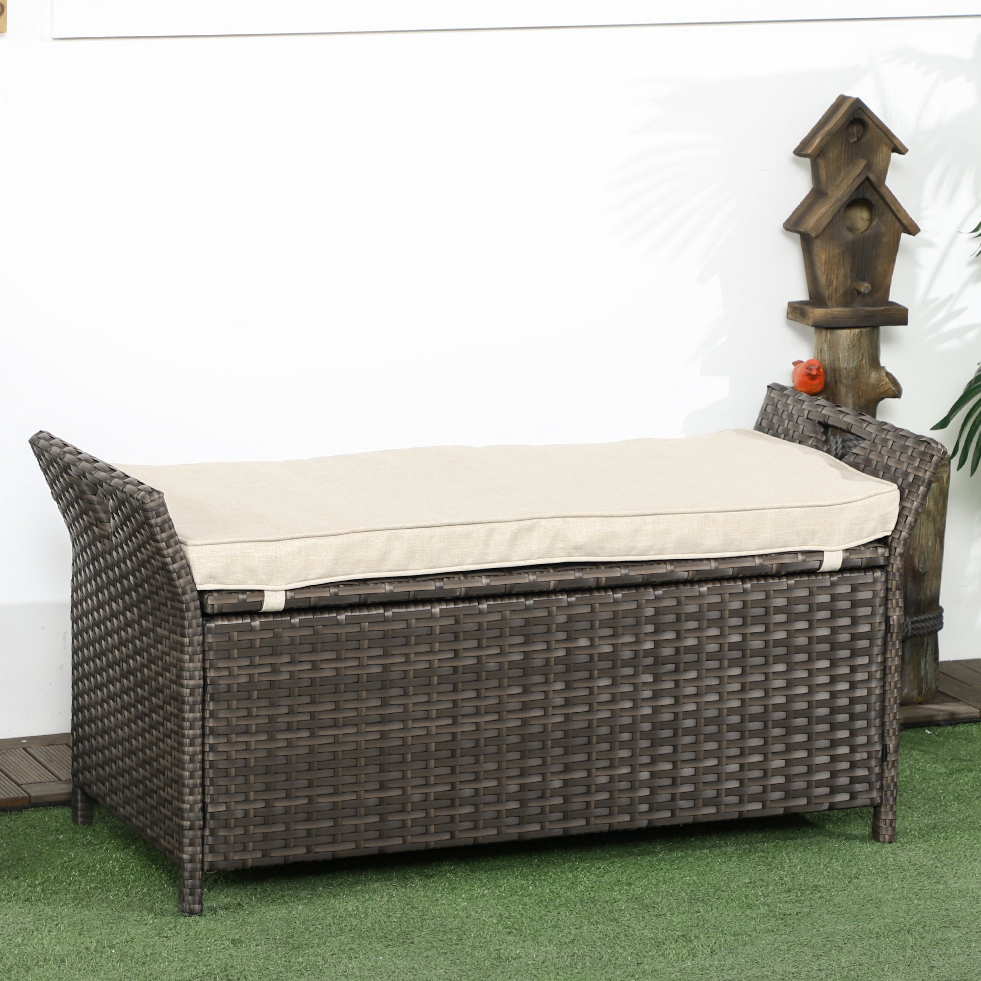 29 Gallon Patio Wicker Storage Bench, Outdoor PE Rattan Furniture, 2-In-1 Large Capacity Rectangle Garden Storage Box with Handles and Cushion