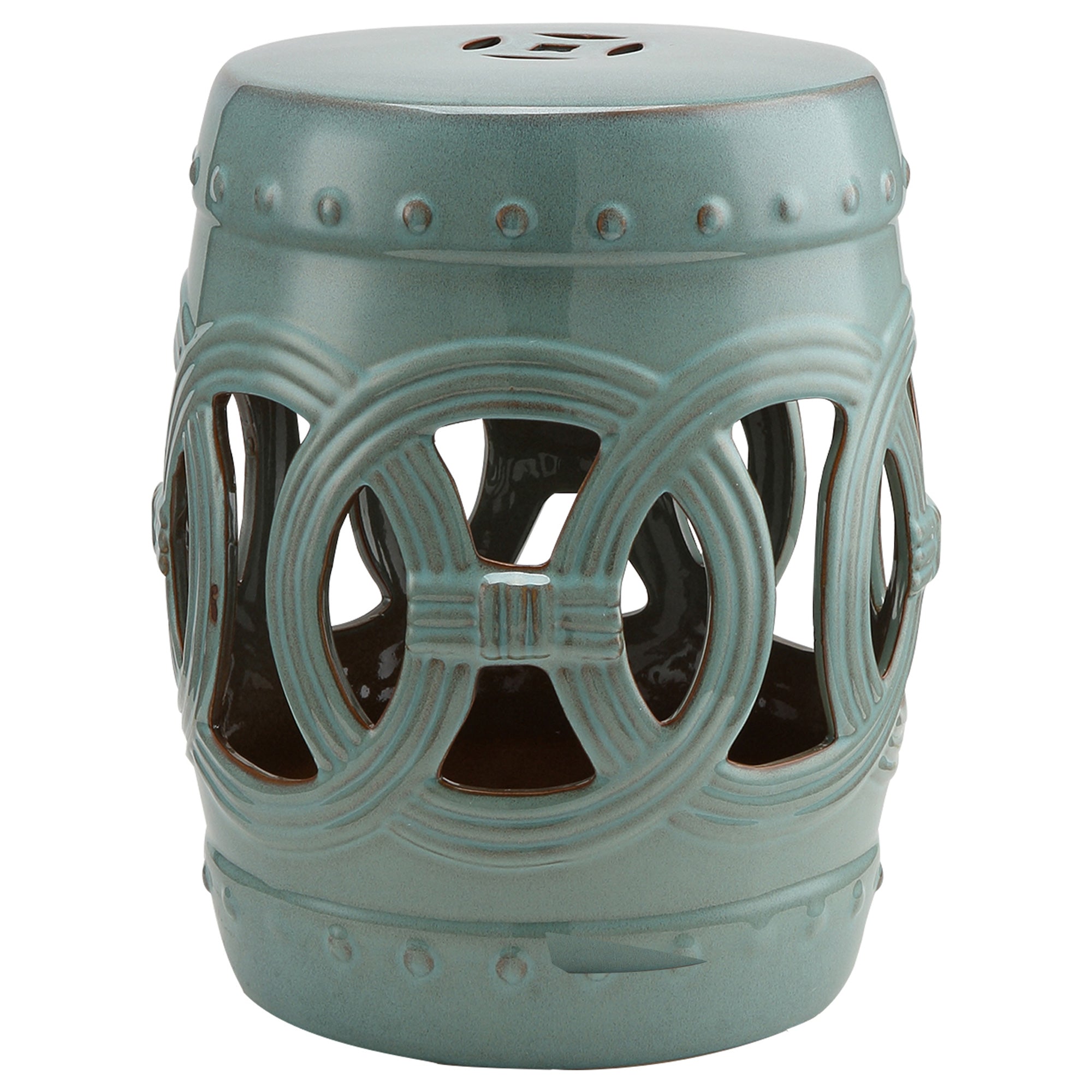 14" x 17" Ceramic Garden Stool with Double-Coin Knotted Ring Design & Strong Glazed Material, Decorative End Table, Home Collection