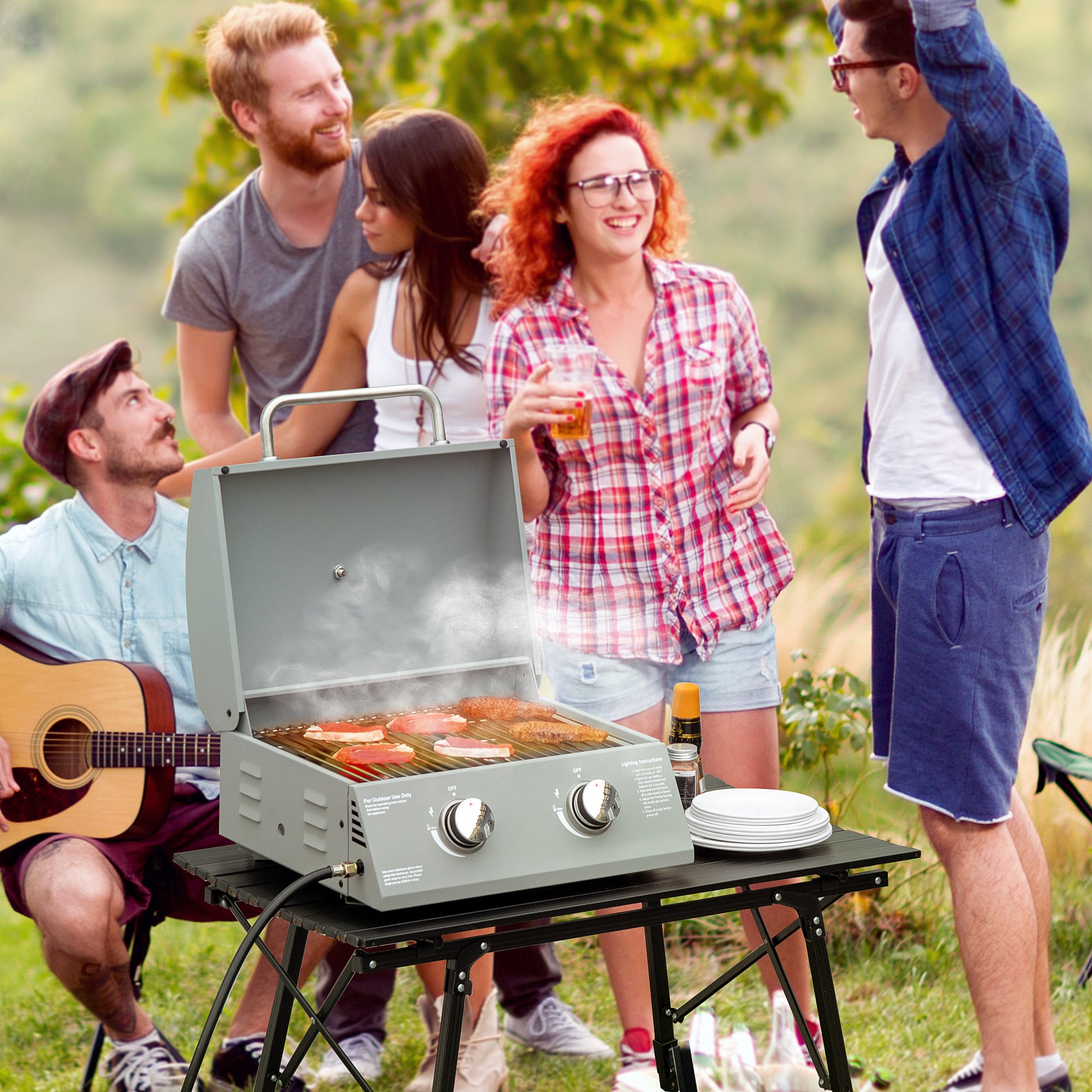 21.75" Charcoal BBQ, Portable Grill with 2 Burners, Heat-Resistant Handle, Folding Legs, Removable Ashtray, Thermometer, Carbon Steel, for Outdoor Cooking, Camping