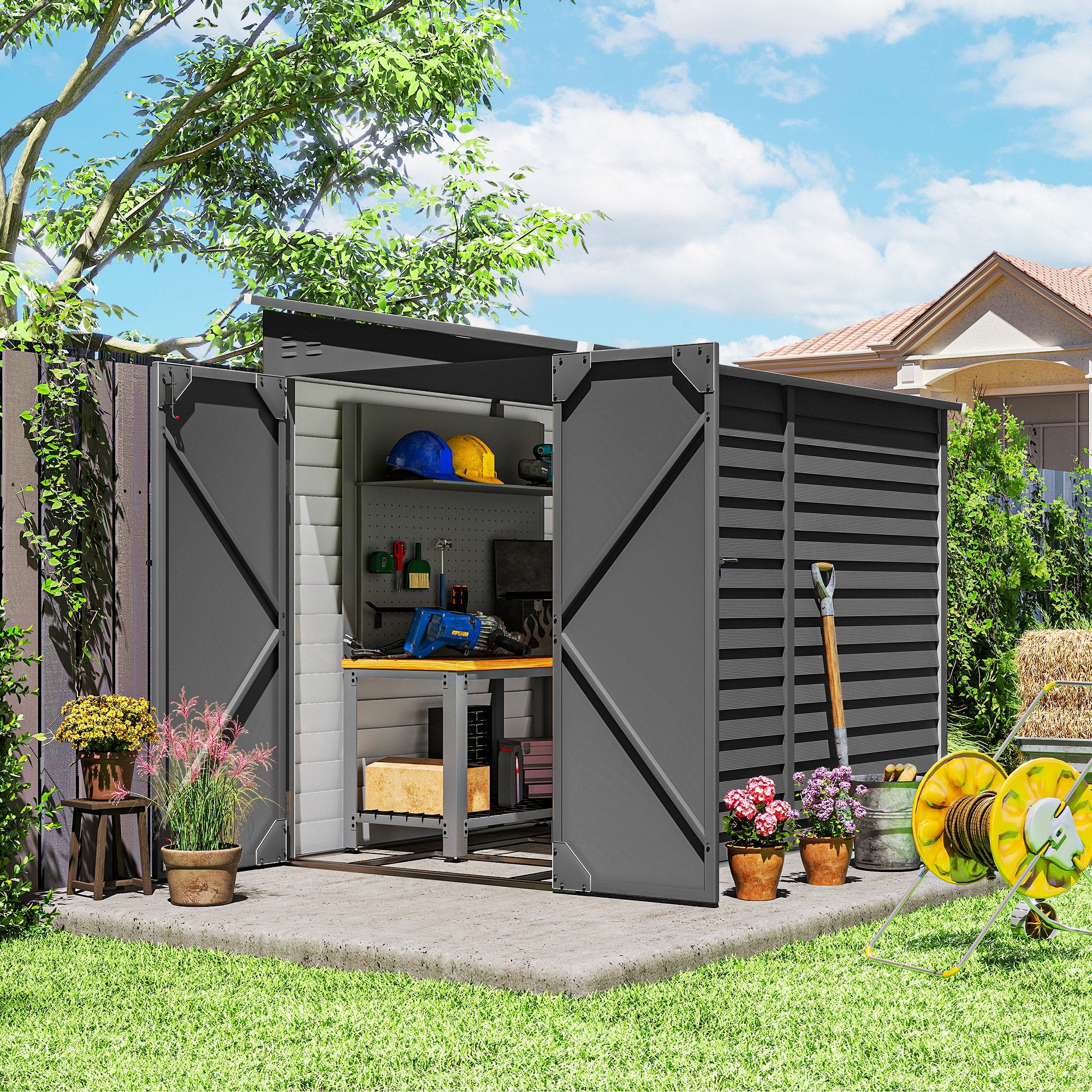 4.6' x 9' Outdoor Storage Shed, Lean to Metal Shed with Foundation Kit, Lockable Doors and Gloves for Patio, Lawn