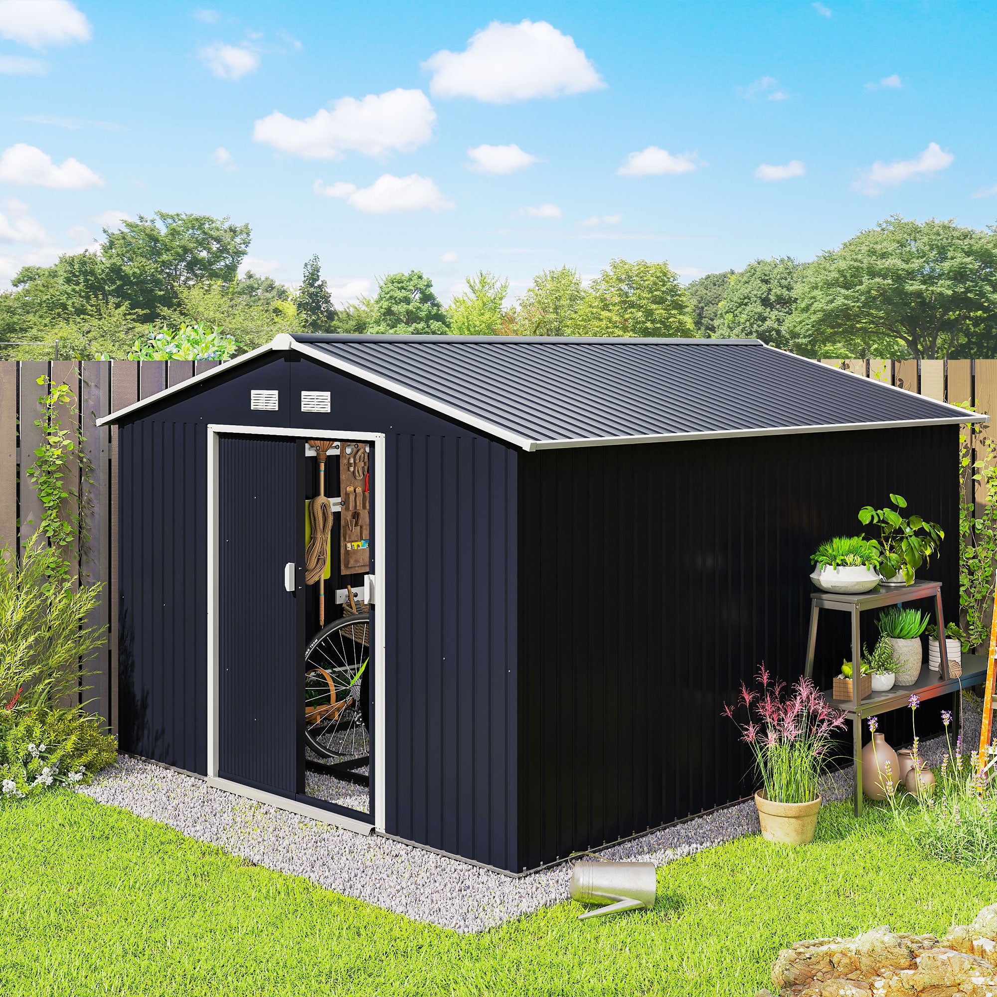 11' x 9' Outdoor Storage Shed, Garden Tool Metal Shed with Foundation Kit, Double Lockable Door, Air Vents and Sloping Roof, for Backyard, Patio, Lawn