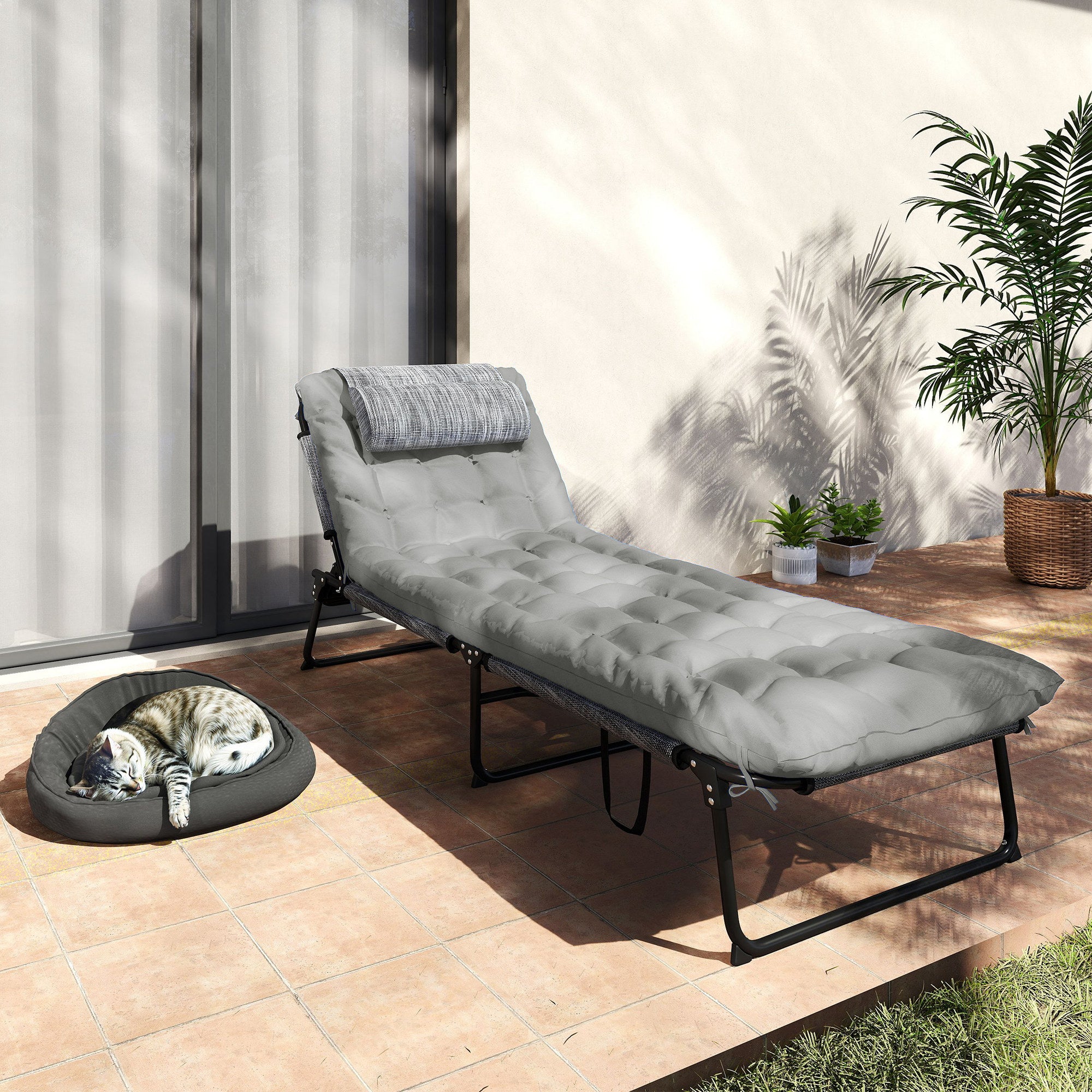 Folding Chaise Lounge Pool Chair with 4-level Reclining Back, Cushion, Side Pocket, Headrest