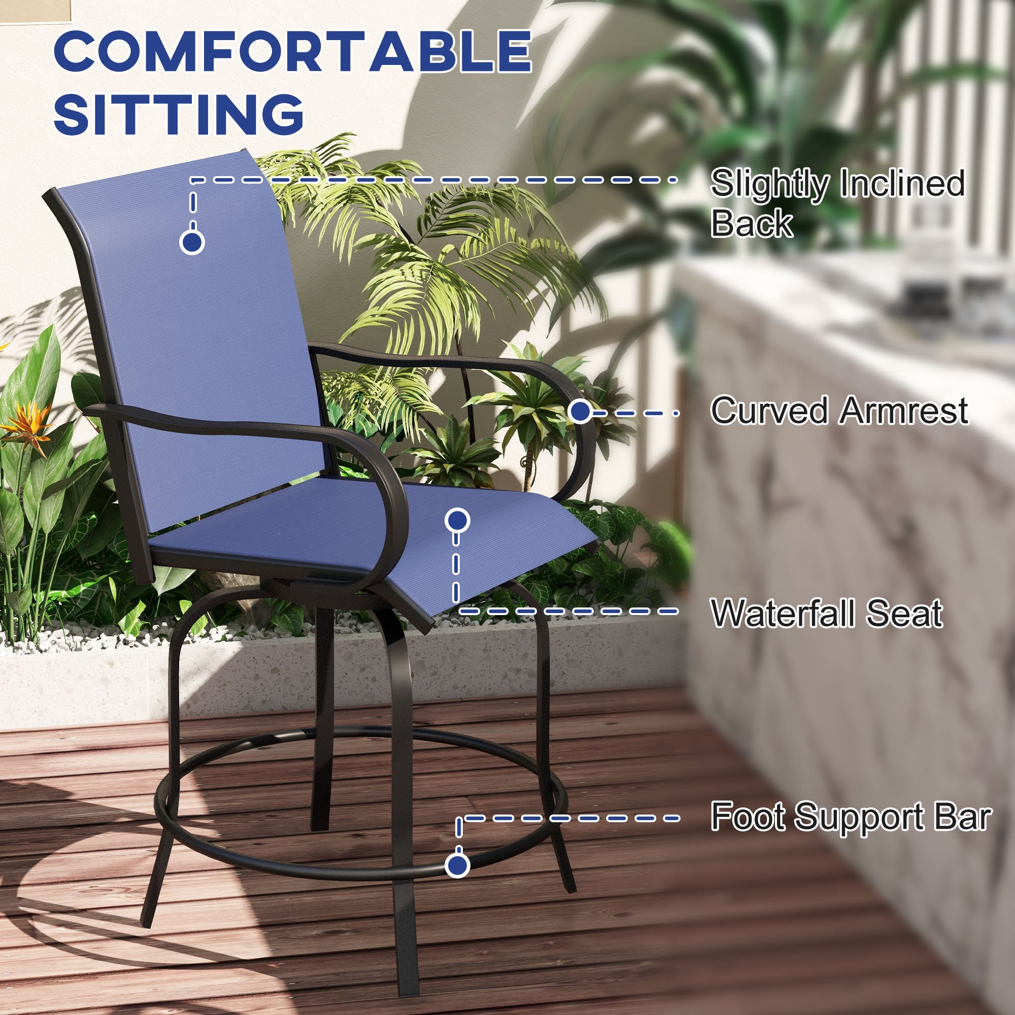 Outdoor Bar Stools Set of 2, 360° Swivel Bar Height Chairs, 26.75" x 29.5" x 48.5"
