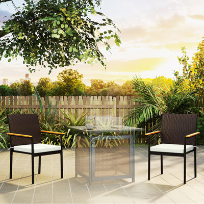 Stackable Patio Wicker Dining Chair Set of 2 with Cushions, Backrest, Armrests for Deck, Garden