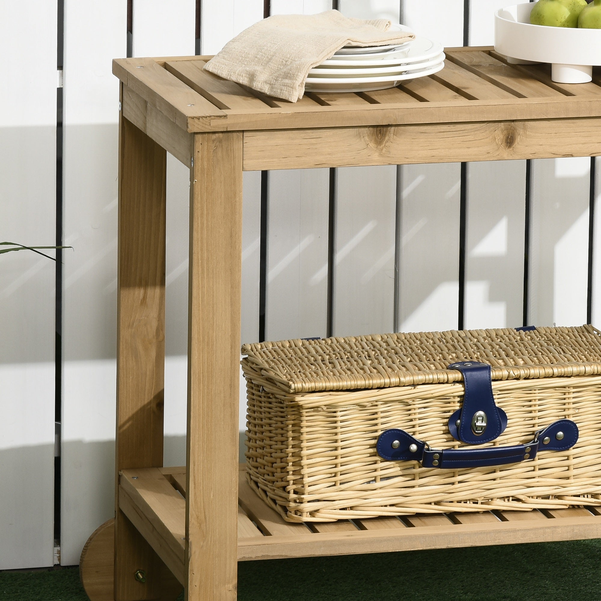 Outdoor Bar Cart, Wood Rolling Home Bar & Serving Cart ，2 Shelves, Wine Bottle Holders for Garden, Dining Room, Natural