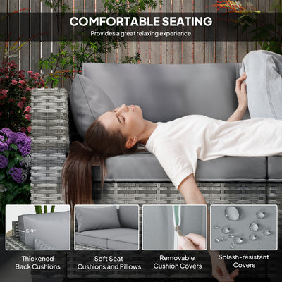 3 Seater Wicker Sofa with Side Trays, Outdoor Patio Couch with 6" Thick Back Cushions, Deep Seating, Mixed Gray