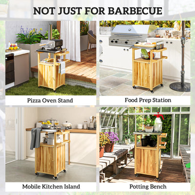 Outdoor Grill Cart w/ Stainless Steel Top, Solid Wood Outdoor Kitchen Island w/ Wheels, Integrated Hole