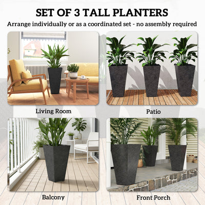 28" Tall Planters, Set of 3 Plastic Flower Pots with Marble Finish and Drainage Holes, Stackable Taper Planters