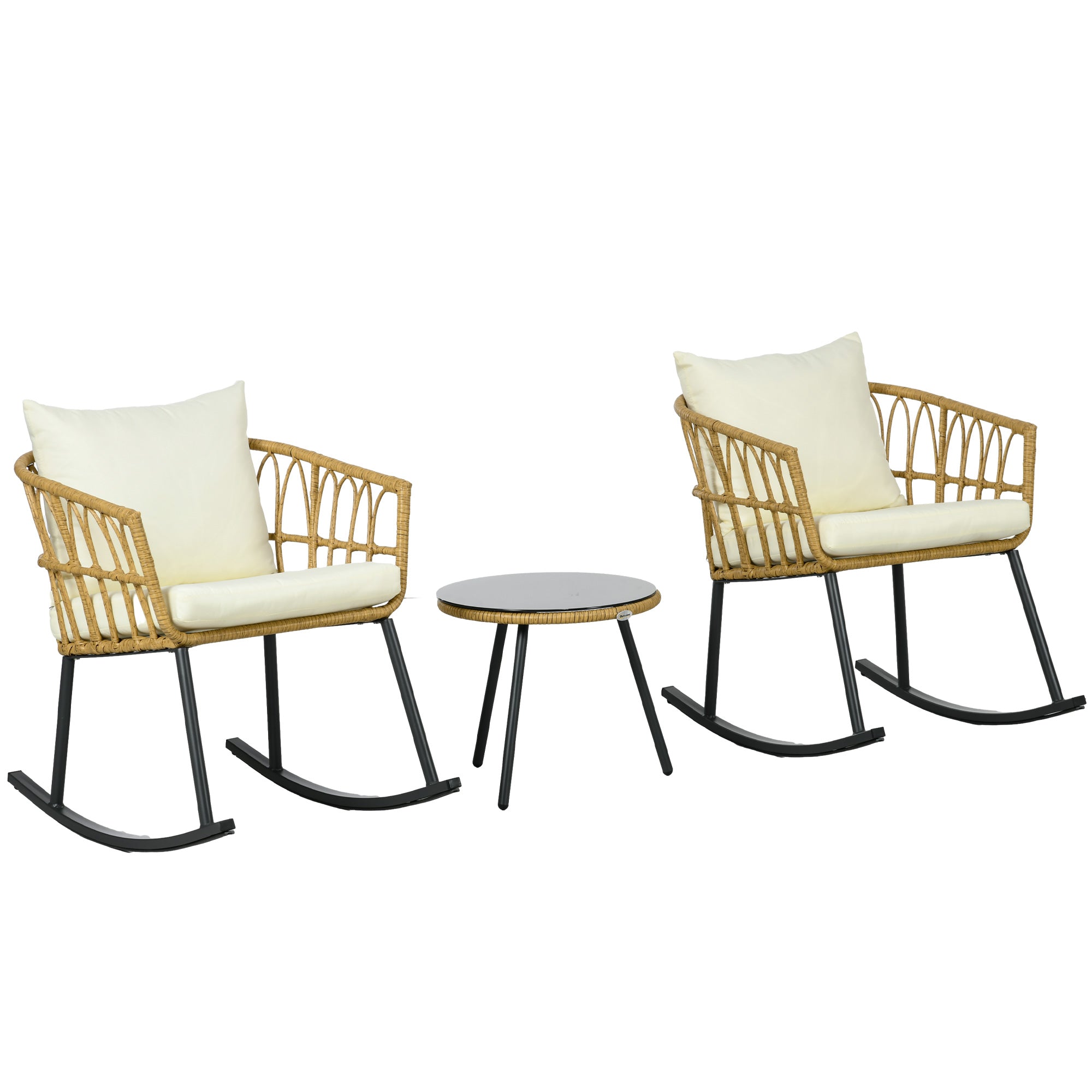Wicker Outdoor Rocking Chair Set, 3 Piece Patio Bistro Set with 2 Porch Rocker Chairs, Glass Top Coffee Table and Cushions, Patio Conversation Set for Balcony, Backyard, Cream White