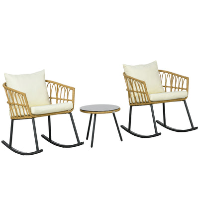 Wicker Outdoor Rocking Chair Set, 3 Piece Patio Bistro Set with 2 Porch Rocker Chairs, Glass Top Coffee Table and Cushions, Patio Conversation Set for Balcony, Backyard, Cream White