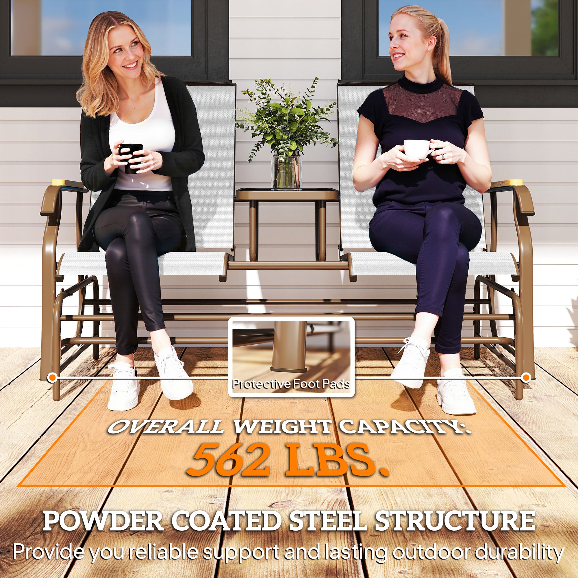 Outdoor 2-Person Glider Bench, Outside Glider Swing Chair Loveseat with Table, Steel Frame