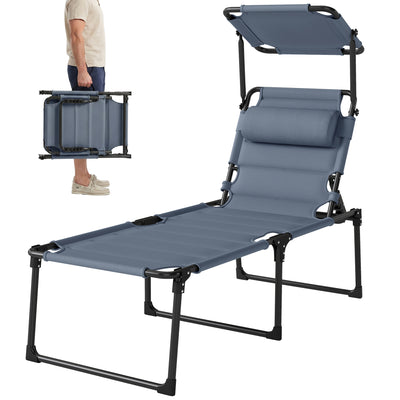 Outdoor Lounge Chair, 4 Position Adjustable Backrest, Folding, Cushioned w/ Sun Shade Roof & Pillow