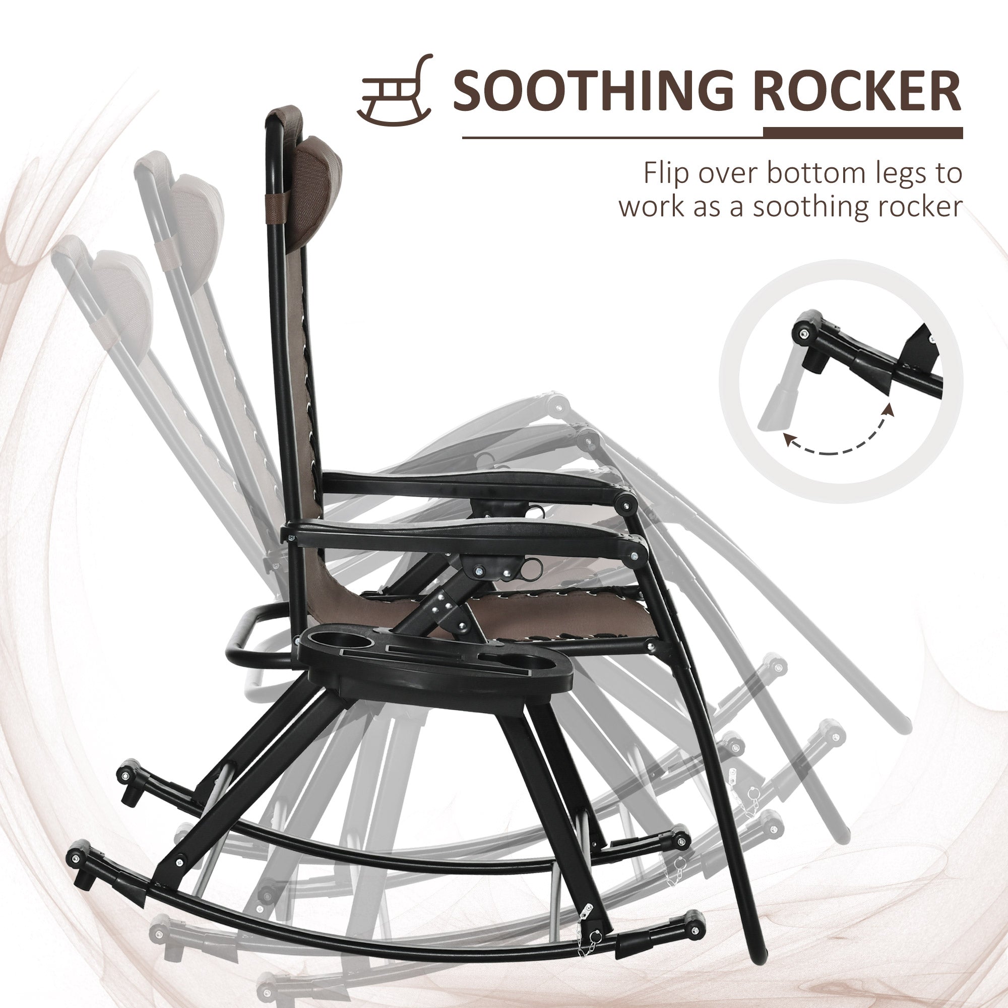 Outdoor Rocking Chairs, Foldable Reclining Zero Gravity Lounge Rocker with Pillow, Cup & Phone Holder, Combo Design with Folding Legs, Brown