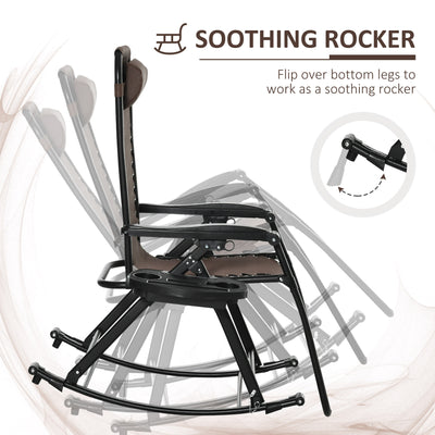 Outdoor Rocking Chairs, Foldable Reclining Zero Gravity Lounge Rocker with Pillow, Cup & Phone Holder, Combo Design with Folding Legs, Brown