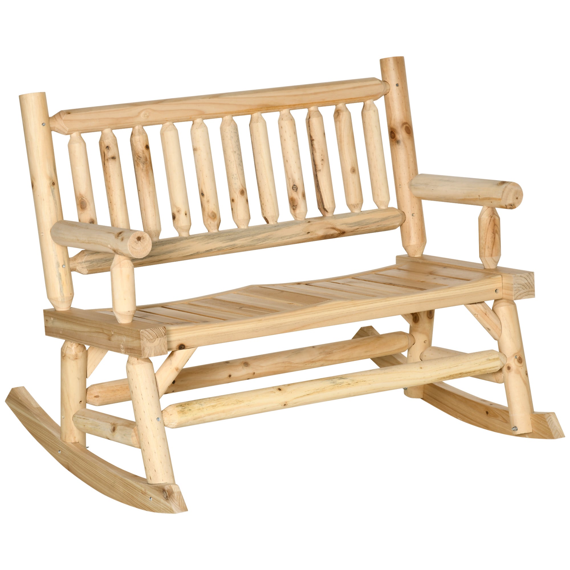 2-Person Wood Rocking Chair with Log Design, Heavy Duty Loveseat with Wide Curved Seats for Patio, Backyard, Garden