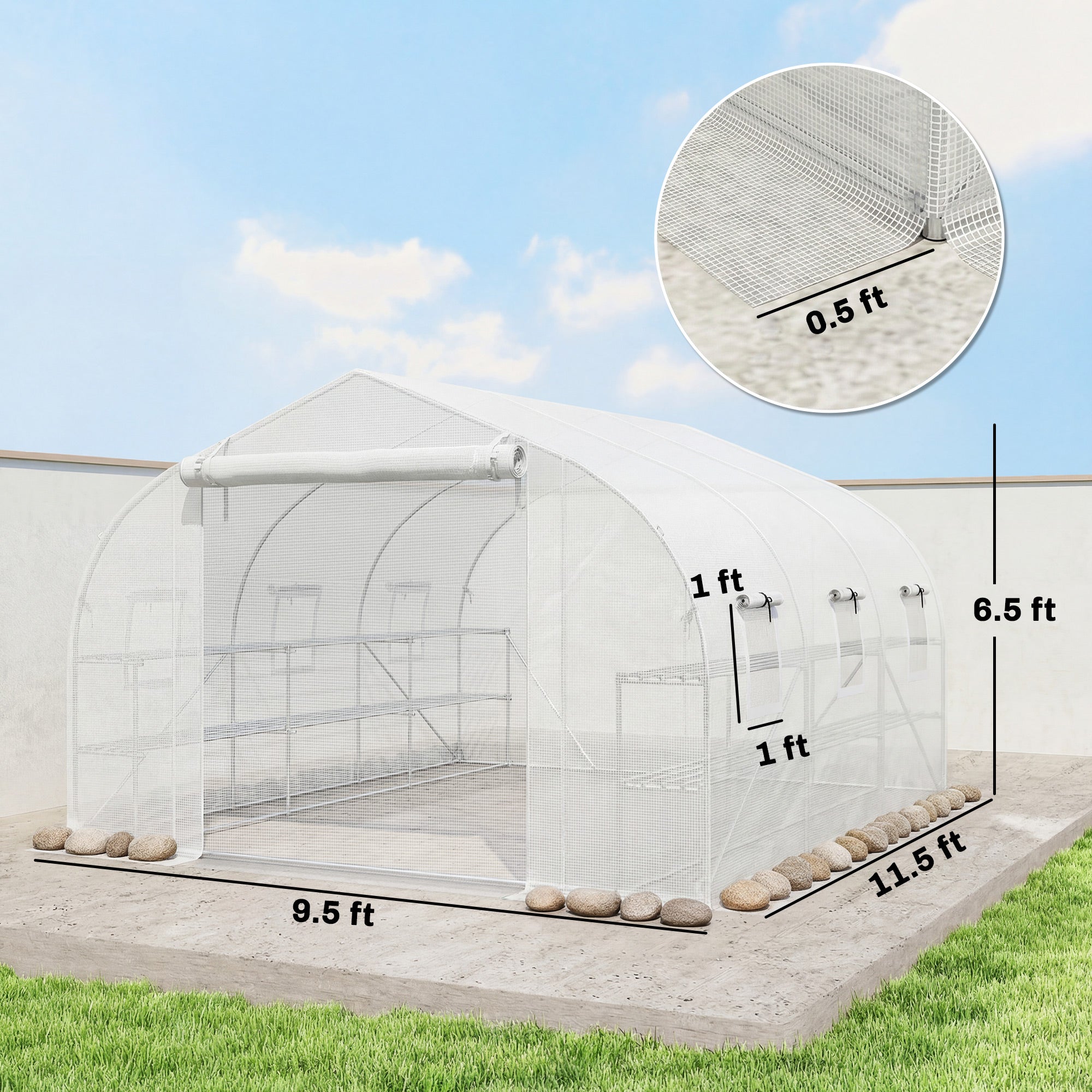 10'x11'x6' Walk-in Tunnel Greenhouse with Shelves, Mesh Door and Windows, Plant Hot House with PE Cover