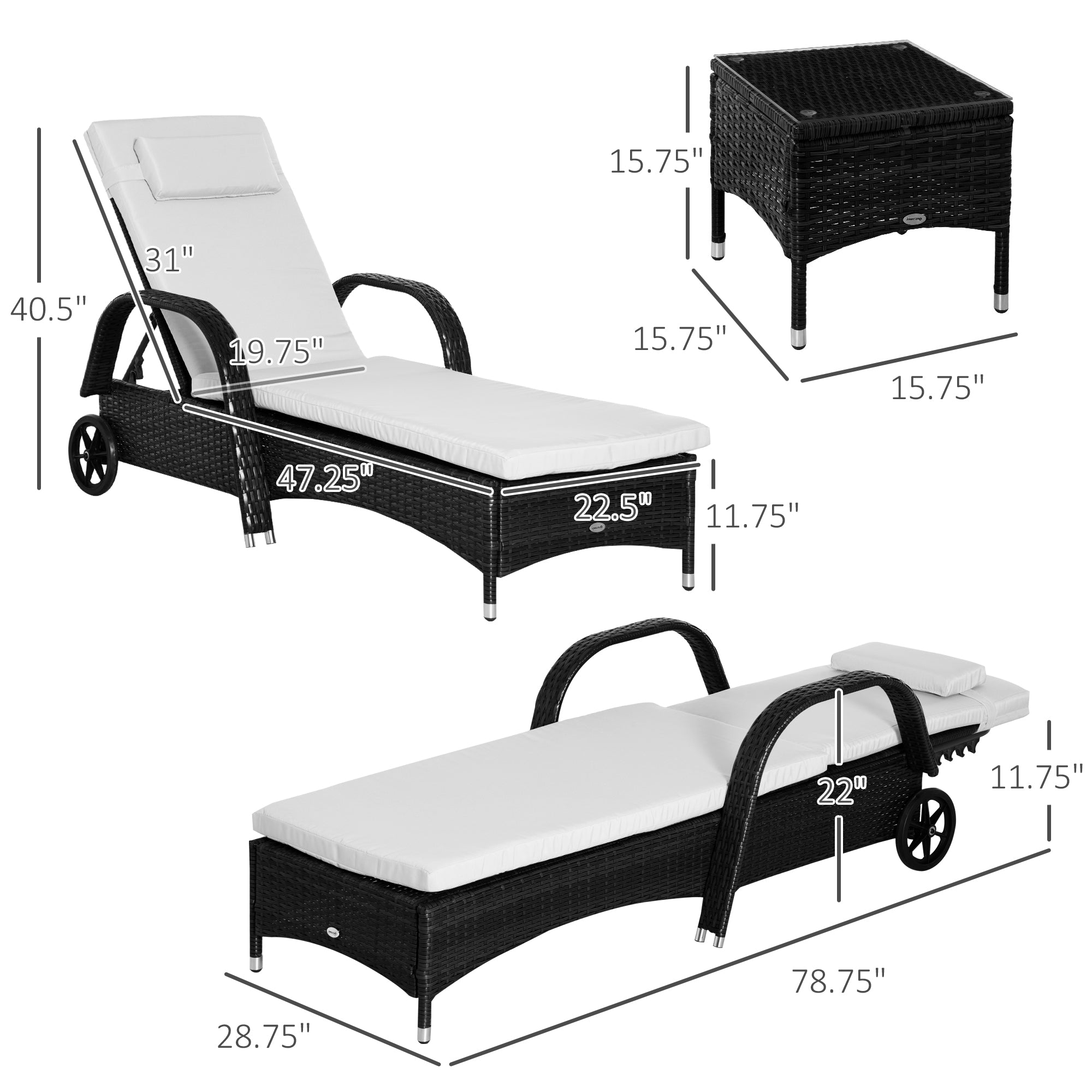 Wicker Outdoor Chaise Lounge Chair Set of 3 with Side Table, 5-Level Adjustable Backrest PE Rattan Pool Lounge Chair with Wheels, Cushion & Headrest, Black and Cream White