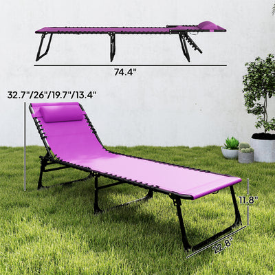 2 Folding Chaise Lounge Pool Chairs with 4-Position Reclining Back, Pillow, Breathable Mesh & Bungee Seat