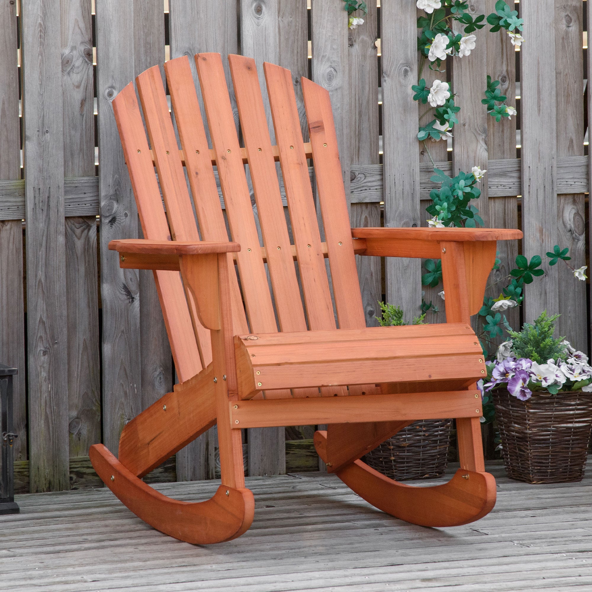 Wooden Adirondack Rocking Chair Outdoor Lounge Chair Fire Pit Seating with Slatted Wooden Design, Fanned Back