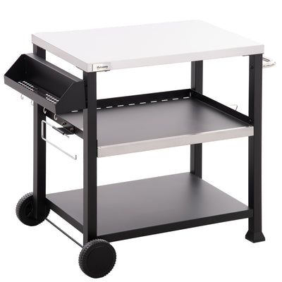 3-Shelf Outdoor Grill Cart Table with Side Handle, Stainless Steel Pizza Oven Stand on Wheels, Black