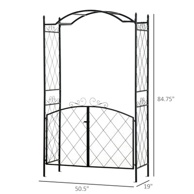 85" Garden Arch Arbor, Metal Arch Trellis with Gate, Garden Archway for Climbing Vines, Wedding Ceremony Decoration, Black