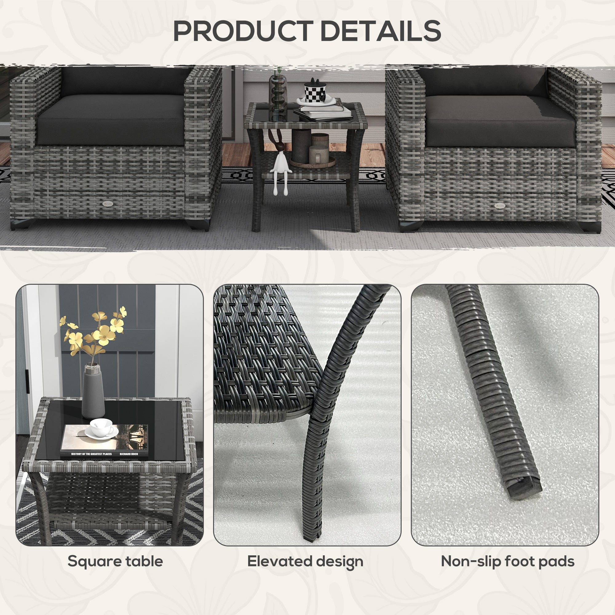 Rattan Side Table, Outdoor End Table with Storage Shelf, Aluminum Frame Square, Coffee Table with Tempered Glass Top