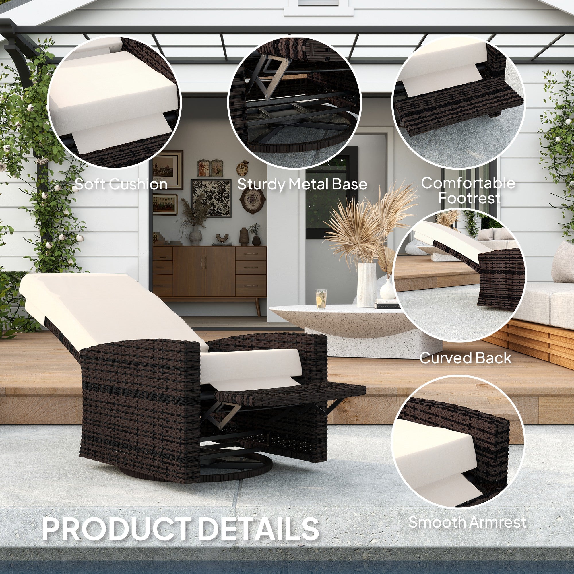 Outdoor Wicker Swivel Recliner Chair, Lifting Footrest, 360° Rotating Basic, Water-resistant Cushions, Dark