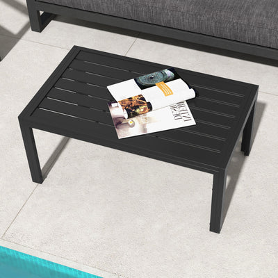 Outdoor Coffee Table, Rectangular Patio Side Table with Steel Frame and Slat Tabletop for Garden, Balcony, Black