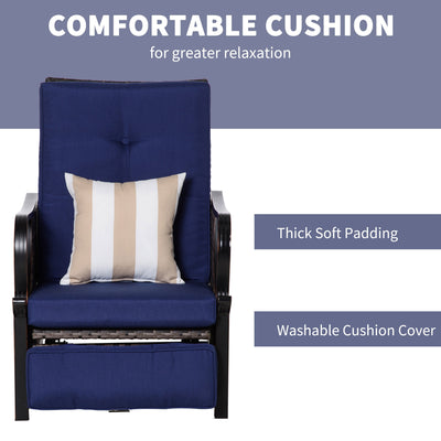 Outdoor Recliner Chair with Cushion, Rust-Resistant Aluminum Frames PE Wicker Patio Lounge Chaise Chair with Adjustable Reclining Backrest and Footrest, Pillow, Dark Blue