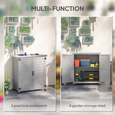 Wooden Storage Cabinet, Outdoor Prep Table with Metal Tabletop, Shelves and Double Doors for Patio, Garden