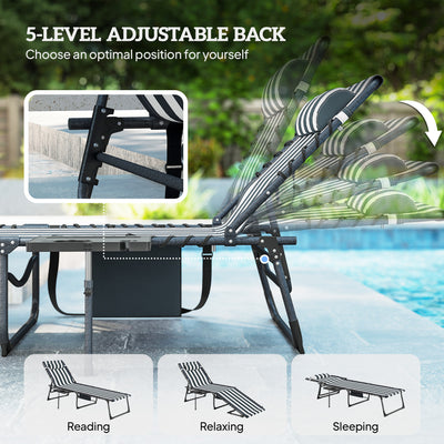 Folding Outdoor Chaise Lounge Chair Tanning Chair with 5-Level Adjustable Back, Side Table, Pillow, Pocket