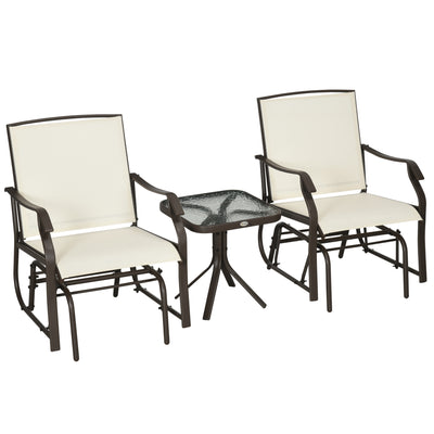 3 Piece Outdoor Glider Chair with Coffee Table Bistro Set, 2 Patio Rocking Swing Chairs with Breathable Sling Fabric, Glass Tabletop, for Backyard, Garden and Porch
